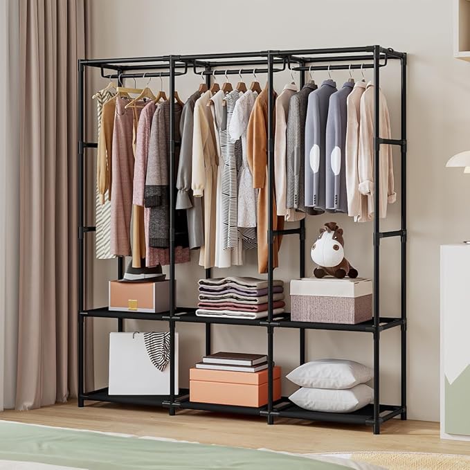 SORCEDAS Portable Closet Wardrobe Storage Organizer Metal Hanging Rack Non-Woven Fabric 50 Inch (Black)-Ruum Studio Home