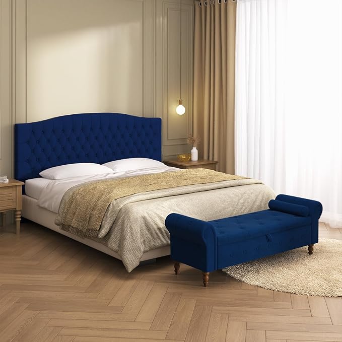 Storage Ottoman Bench for Bedroom, 63" End of Bed Bench with Rolled Arms Upholstered Ottoman Bench Fit for Bedroom, Living Room, Entryway, Velvet Navy Blue-Ruum Studio Home
