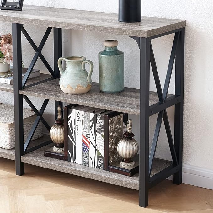LVB Rustic Sofa Table, Farmhouse Console Table for Living Room, Hallway entryway Table with Storage, Entry Table for Foyer, Light Grey Oak, 55 Inch-Ruum Studio Home