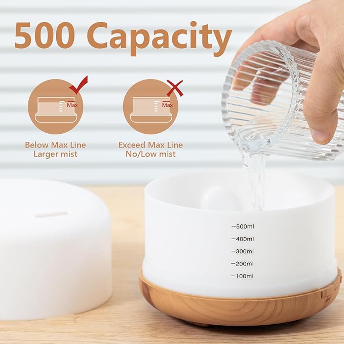 Oil Diffuser, 500ml Essential Oil Diffusers with 2 Mist Mode 4 Timers＆7 Ambient Light Waterless Auto Off, Diffusers Large Room Home Office-Ruum Studio Home