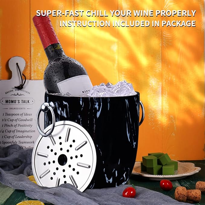 Ice Bucket with Lid, Scoop, Tongs and Strainer - Well Made Insulated Stainless Steel Keep Ice Frozen Longer - Ideal for Cocktail Bar, Parties, Chilling Wine, Champagne - 3 Liter (Black Marble)-Ruum Studio Home