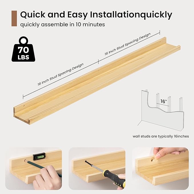 Picture Ledge Shelf, Solid Pine Wood Floating Shelves Set of 2, 32 Inches Nursery Book Shelves for Toys Storage, Kids Bookshelf Wall Mounted for Living Room Decor Photo Frames, Unfinished Natural-Ruum Studio Home