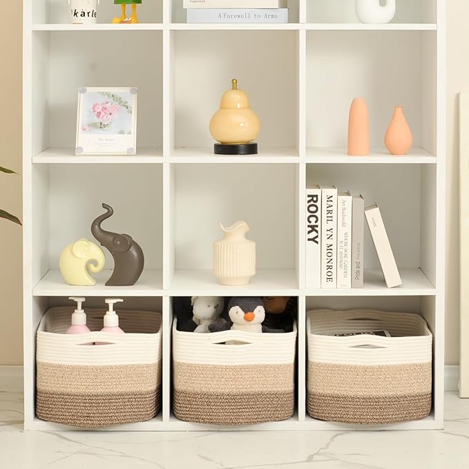 Large Storage Baskets for Organizing Shelves, Woven Cotton Rope Bins for Baby Nursery Organization, Book Toy Towel Organizer, 17"x13"x9.5", 3 Packs, Gradient Brown-Ruum Studio Home