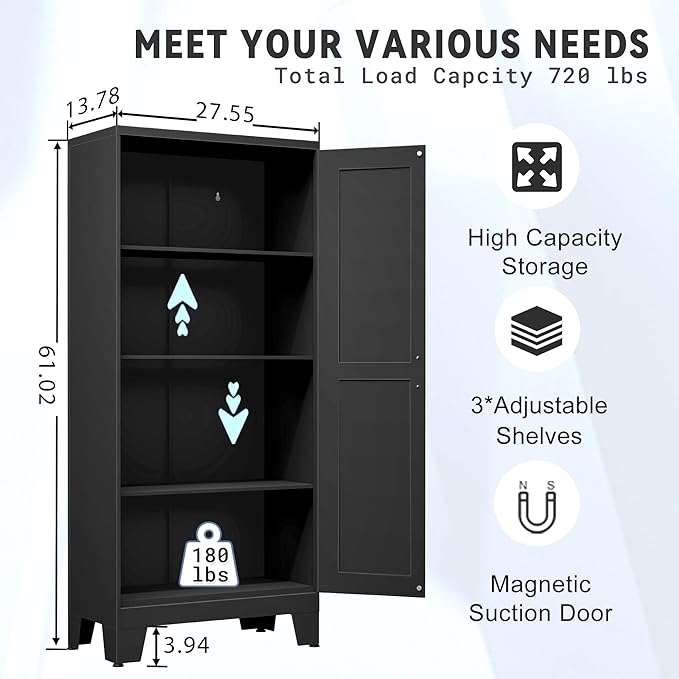 61.02" Kitchen Pantry Cabinet, Pantry Storage Cabinet with 2 Doors and Adjustable Shelves, Black Food Storage for Kitchen, Living Room, Bedroom and Dining Room (Black) Metal Sideboard-Ruum Studio Home