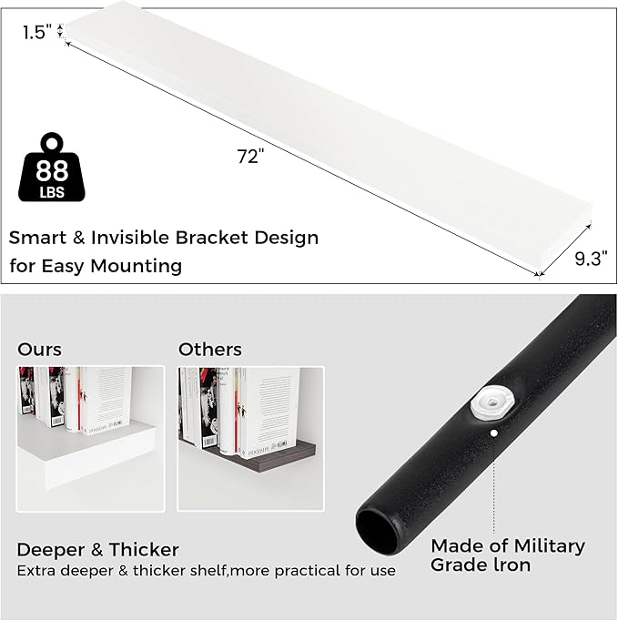 Floating Shelves for Wall, Large Wall Mounted Shelves with Invisible Brackets, Long Wood Floating Shelf for Living Room, Bedroom, Kitchen, (White, 72" W x 9" D x 1.5" H)-Ruum Studio Home