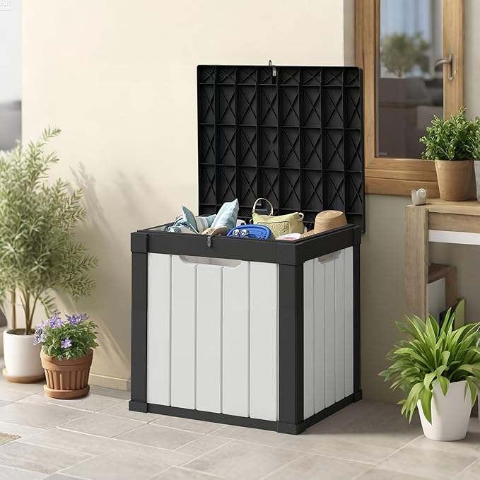 50 Gallon Storage Box, Waterproof Deck Box for Indoor & Outdoor Use, Lockable Pool Storage Bin for Package Delivery, Outdoor Bench for Patio Cushions, Garden Tools, Backyard, Black & White-Ruum Studio Home