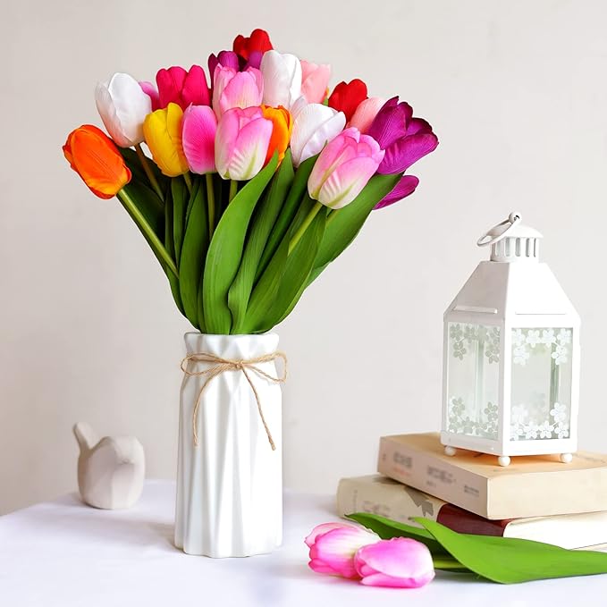 27pcs Colorful Artificial Flowers Tulips, Tulips with 1pc Plastic Vase, Fake Flowers Real Touch Flower 13.9", Christmas, Mother's Day, Easter, Valentine's Day, Family Kitchen, Wedding Decorations-Ruum Studio Home