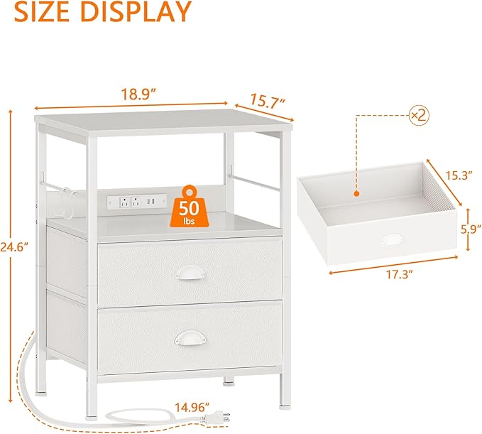 Furologee Night Stand with Charging Station, Bedside Table with Fabric Drawers, End Table with USB Ports & Outlets, White Nightstand with Storage Shelf & Hooks, for Living Room/Bedroom, White-Ruum Studio Home