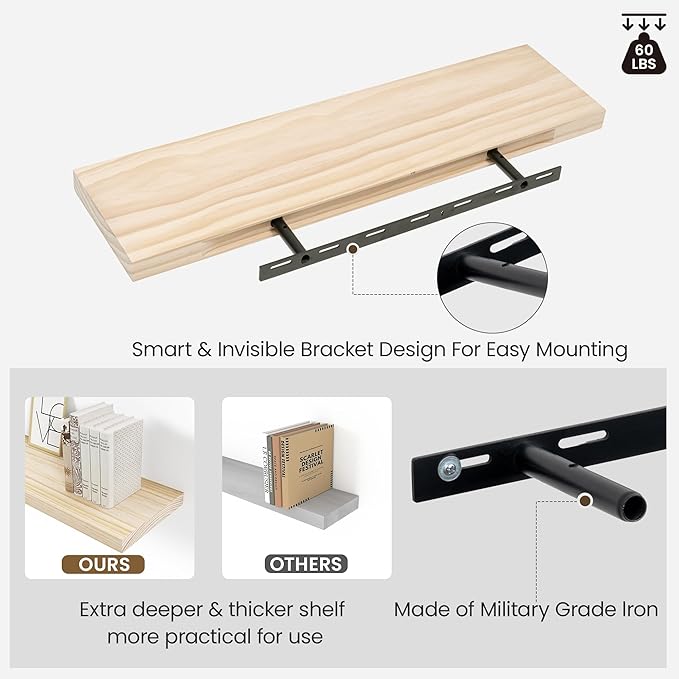 Natural Wood Floating Shelves 24”x 8”x 1.4” Book Shelf Floating for Wall Mounted, Heavy Duty Shelf Hold 60 lbs, Unfinished Wall Shelves for Bathroom, Living Room, Kitchen, Bedroom, Office-Ruum Studio Home