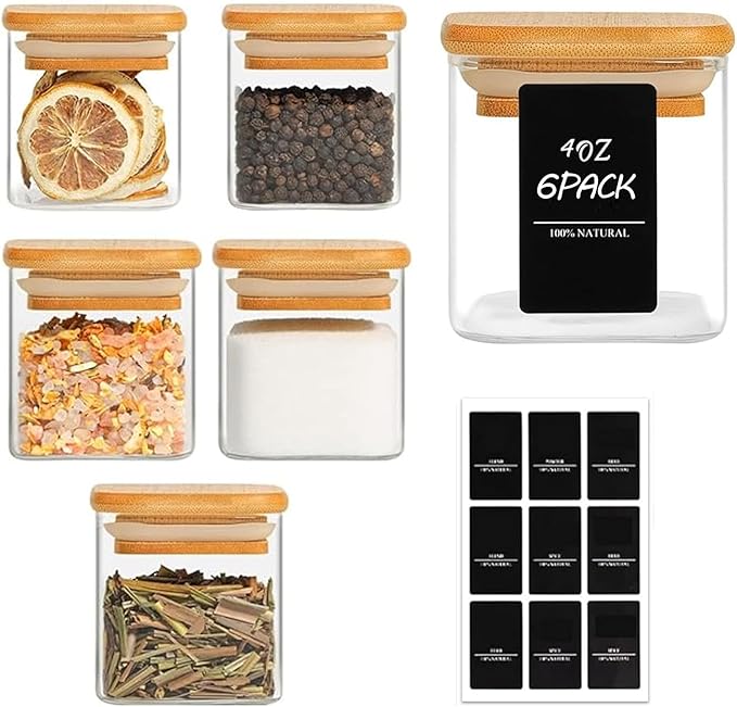 ComSaf Spice Jars with Labels 4 oz 6Pack, Small Spice Containers Starter Set, Glass Seasoning Jars with Lids, Square Seasoning Containers for Salt, Pepper, Chili Powder, Sugar, Ginger Ground, Cumin-Ruum Studio Home