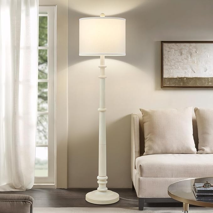 Floor Lamps for Living Room - 60" Resin Farmhouse Floor Lamp with 3 Color Temperatures - Vintage Standing Lamp Reading Light with Linen Shade Retro Tall Lamp for Bedroom Office, Almond White-Ruum Studio Home