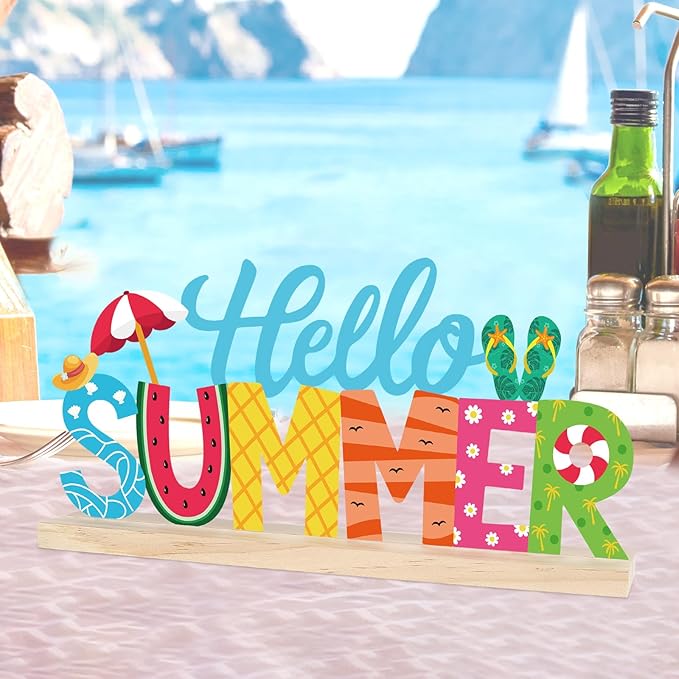 COCHIE Metal Hello Summer Sign, Summer Decorations for Home, Office, Shelf, Mantel, Indoor, Beach Slippers Tabletop Centerpiece Decoration, Watermelon Red Decor (Beach)-Ruum Studio Home