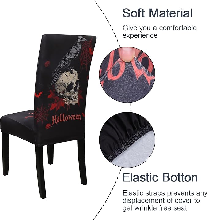 JQinHome Black Halloween Chair Slipcover,Skull Chair Covers Set of 4, High Stretch Washable Chair Protector Cover for Dining Room, Kitchen,Home Party,Wedding Ceremony(Skull Black,4PC)-Ruum Studio Home