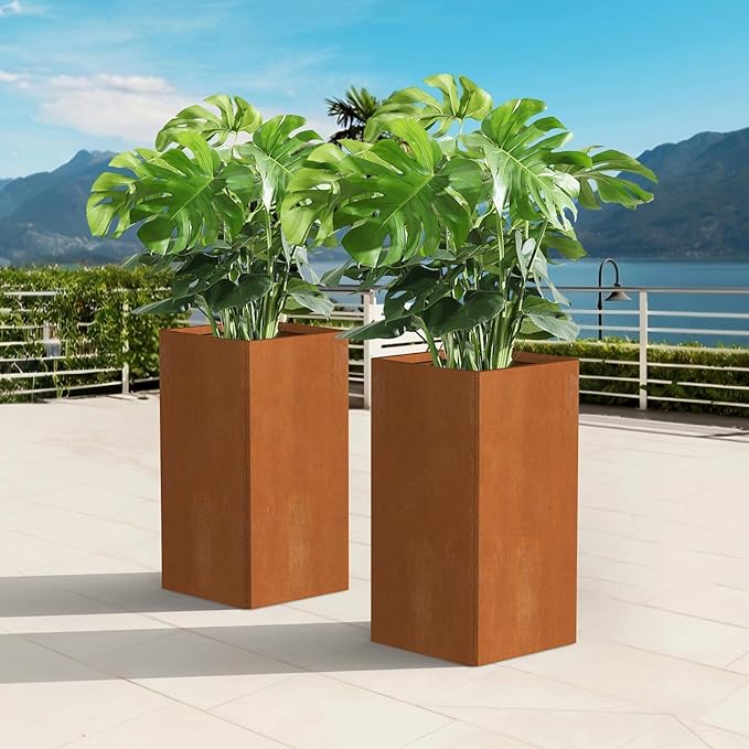Cor Ten Steel Planter 26 Inch Tall Planter with Drainage Holes, Rust-Resistant/Heavy-Duty Metal Planter Box for Garden, Patio, Porch & Yard (14x14x26in)-Ruum Studio Home