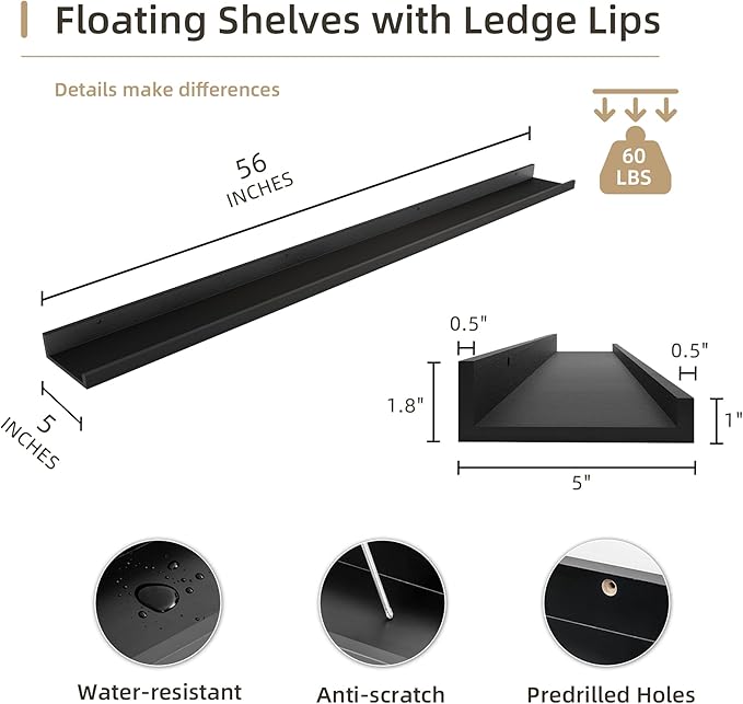 Picture Ledge Shelf, Wood Long Floating Shelves for Wall, Set of 2, 56 inch Picture Ledge Shelves, Photo Ledge Nursery Book Shelves Wall Mounted for Living Room Kids' Room Bedroom, Color Black-Ruum Studio Home