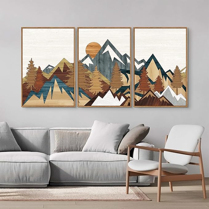 SIGNINART Large Mountain Framed Canvas Wall Art, Boho Sunrise Wilderness Art Prints, Vintage Forest Nature Artwork, Modern Farmhouse Woodcut Style Wall Decor for Living Room Bedroom Office 24"x36"x3-Ruum Studio Home