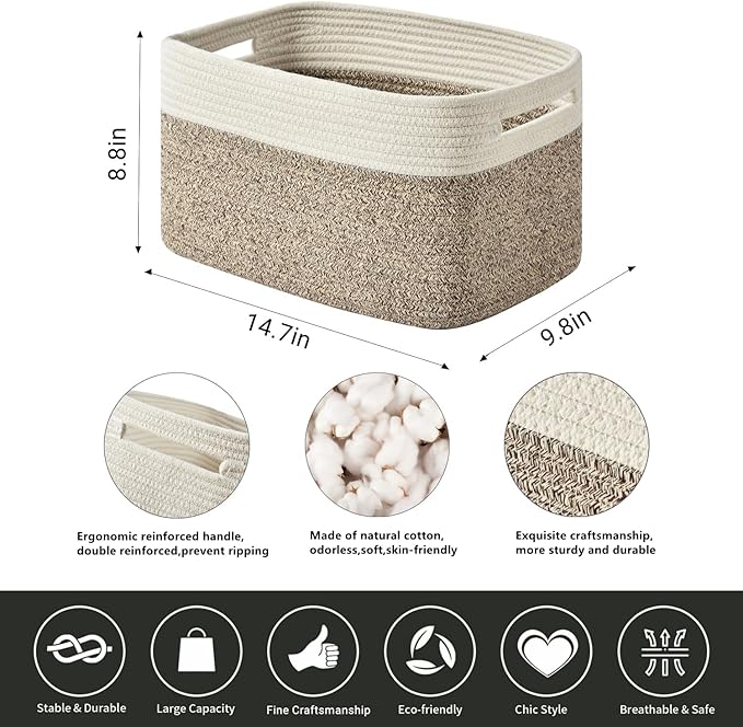 Storage Basket,Woven Baskets for Storage,Cotton Rope Baskets for Organizing,book Basket,towel,Toy Basket or Storage Bins for Living Room - 3 Pack,Brown-Ruum Studio Home