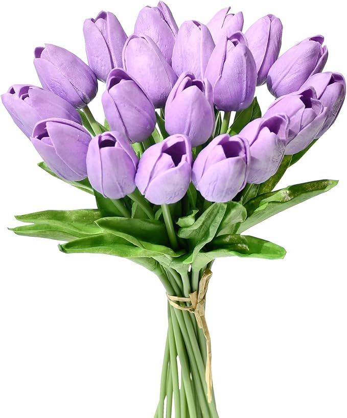 Mandy's Artificial Tulips 20 Stems Lilac PU Faux Flowers for Wedding Home Decor 13.5 Inch-Ruum Studio Home