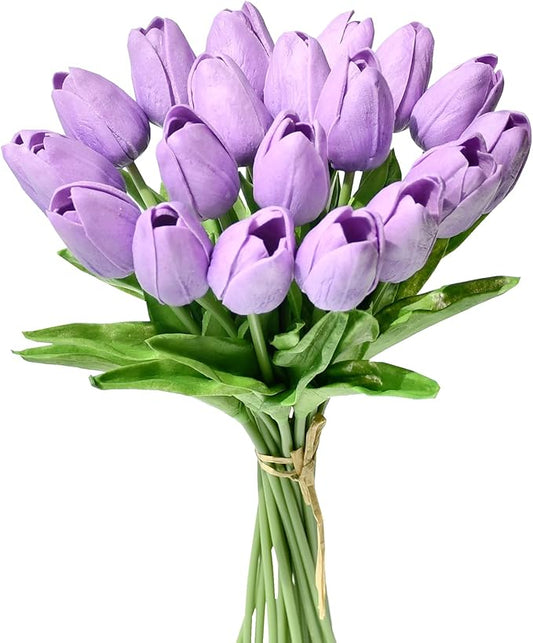 Mandy's Artificial Tulips 20 Stems Lilac PU Faux Flowers for Wedding Home Decor 13.5 Inch-Ruum Studio Home