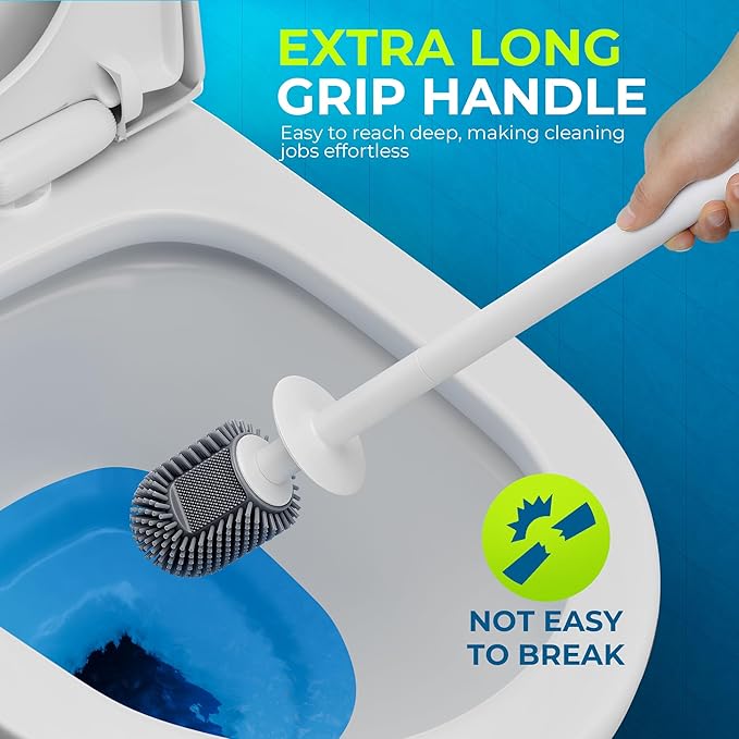 Silicone Toilet Brush and Holder Set with L-Shaped Brush Head, Wall Mounted Toilet Brush Set with Long Non-Slip Handles, Compact Toilet Bowl Cleaner Brush Suitable for RV Trailers & Bathroom (2 Pack)-Ruum Studio Home