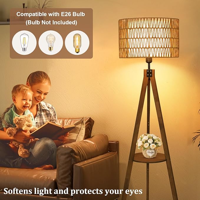 Boho Tripod Floor Lamps for Living Room, Rattan Wood Floor Lamp with Fabric Shades, Mid Century Standing Lamp with Shelf, Foot Switch, Modern Farmhouse Tall Lamps for Bedroom Office Brown-Ruum Studio Home