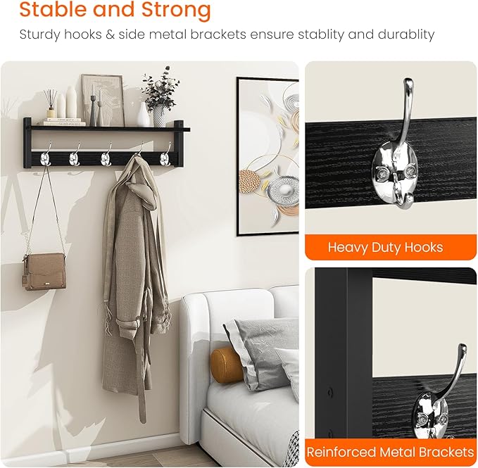 Homode Coat Rack Wall Mount with Shelf, 24" Long Entryway Shelf with Hooks Underneath, Wooden Coat Hanger for Hanging Hats, Bathroom Towels, Clothes, Black-Ruum Studio Home