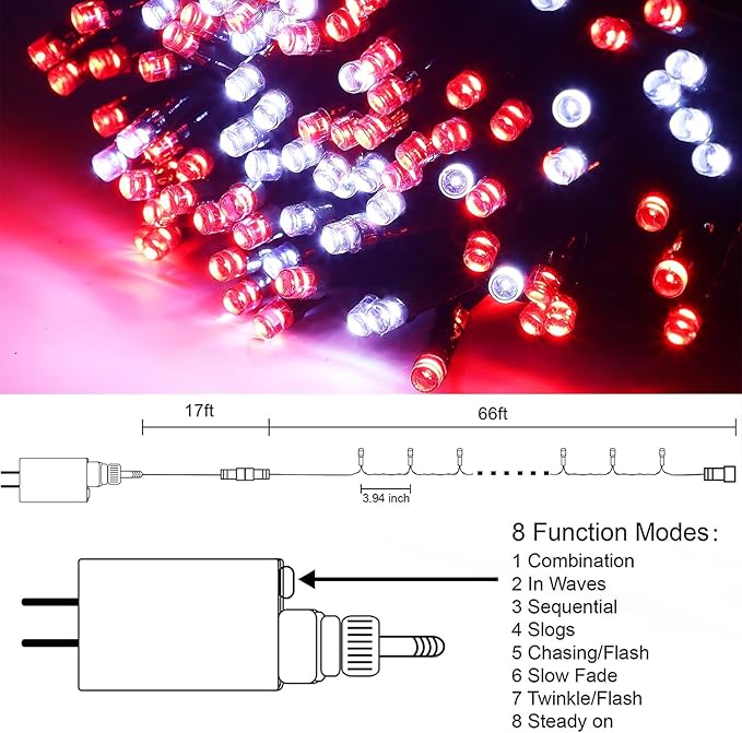 HOME LIGHTING 66ft Christmas Decorative Mini Lights, 200 LED Green Wire Fairy Starry String Lights Plug in, 8 Lighting Mode, for Indoor Outdoor Xmas Tree Wedding Party Garden Decoration (Red & White)-Ruum Studio Home