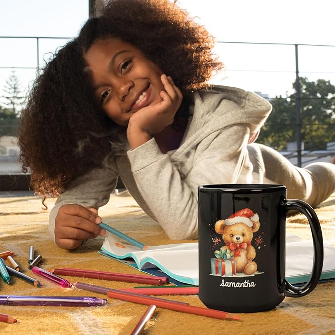 Custom Name Xmas Teddy Bear Cup, Personalized Christmas Teddy Bear Mug, Black Mug With Santa Hat Design - 11oz & 15oz, Gift For Men & Women-Ruum Studio Home