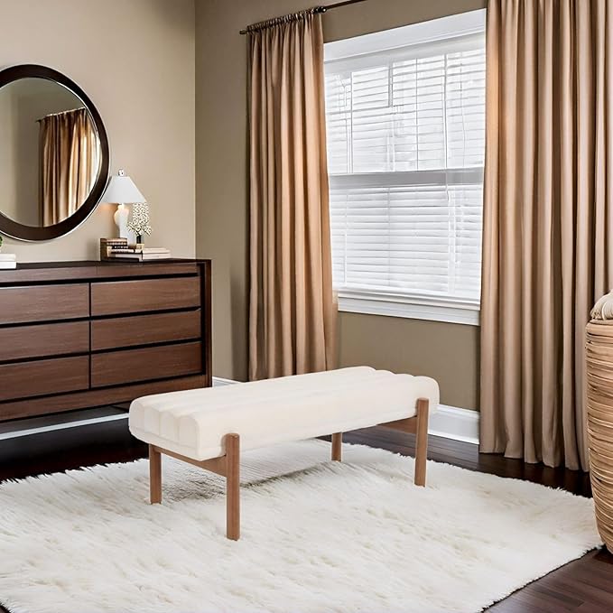 White Modern Bench Upholstered End of Bed Bench Chenille Fabric Bedroom Bench for Entryway Living Room Vanity Makeup Room, 47" Long, Wooden Legs-Ruum Studio Home