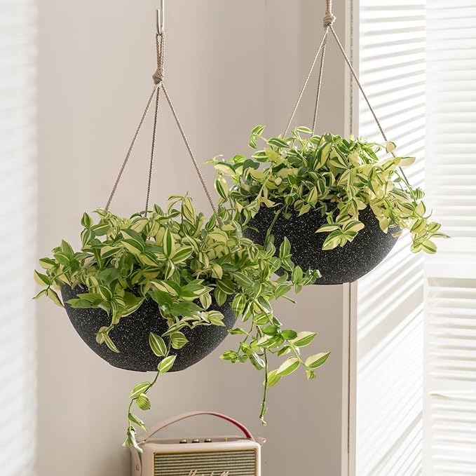 LA JOLIE MUSE Large Hanging Planters for Outdoor Plants - 13 Inch Hanging Basket for Patio Set of 2, Speckled Black-Ruum Studio Home