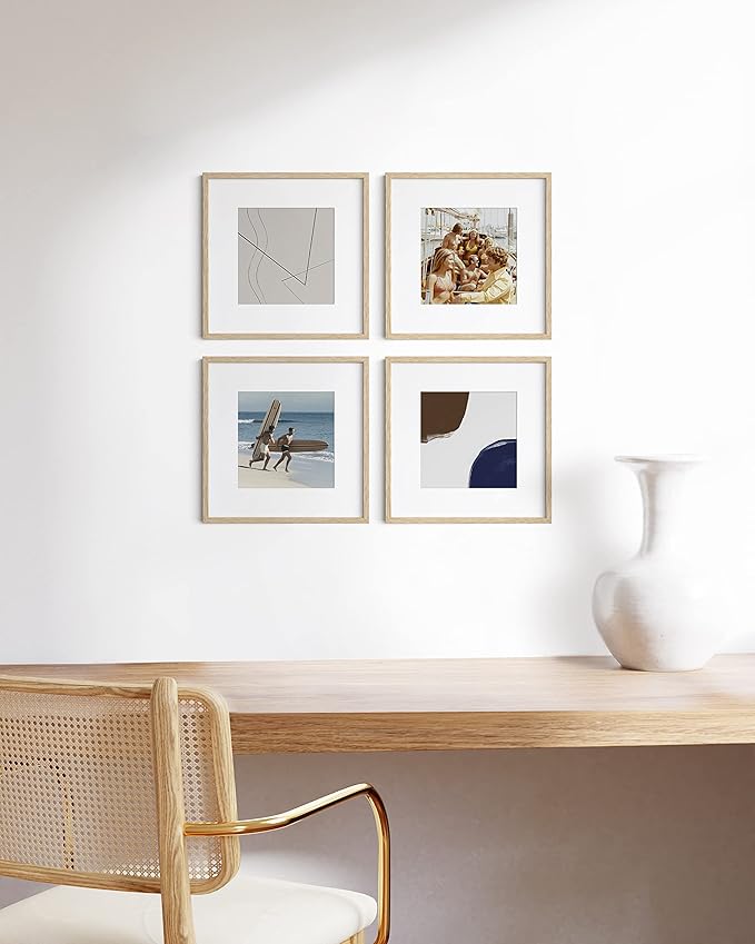 HAUS AND HUES Solid Oak Wood 12”x12” Picture Frames Matted to 8”x8” Set of 4-12x12 Standard Square Picture Frames, 12x12 Photo Gallery Wall Frame Set, 12x12 Frames with Mat (Beige Oak Frames)-Ruum Studio Home