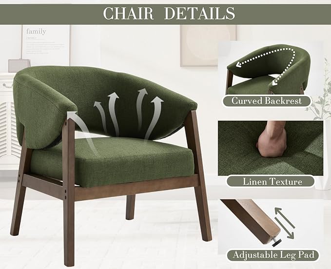 Mid-Century Modern Accent Chair, Comfy Barrel Armchair with Wide Seat, Upholstered Lounge Chair with Walnut Wood Legs for Living Room/Bedroom/Reading Corner, Linen Fabric, Deep Green, 1PC-Ruum Studio Home