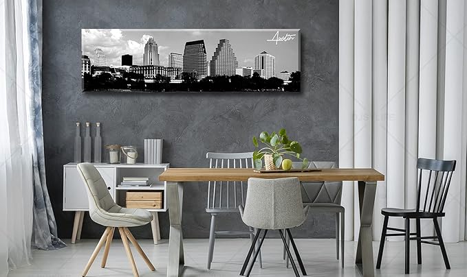 Austin Skyline Wall Art Black and White City Building for Living Room Cityscape Canvas Print Modern Home Decor Artwork Framed 14x48 Inch 1 Panels Panorama Pictures Landscape Poster Decoration-Ruum Studio Home