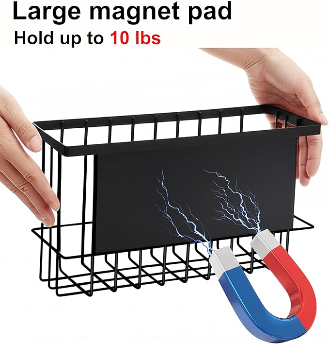 Magnetic Basket for Fridge, Magnetic Basket, Foil and Plastic Wrap Organizer with 4 Caddy Adhesive Stickers, Cabinet Storage Basket for Kitchen Wrap Food Bag Storage, Black, 2 Pack-Ruum Studio Home