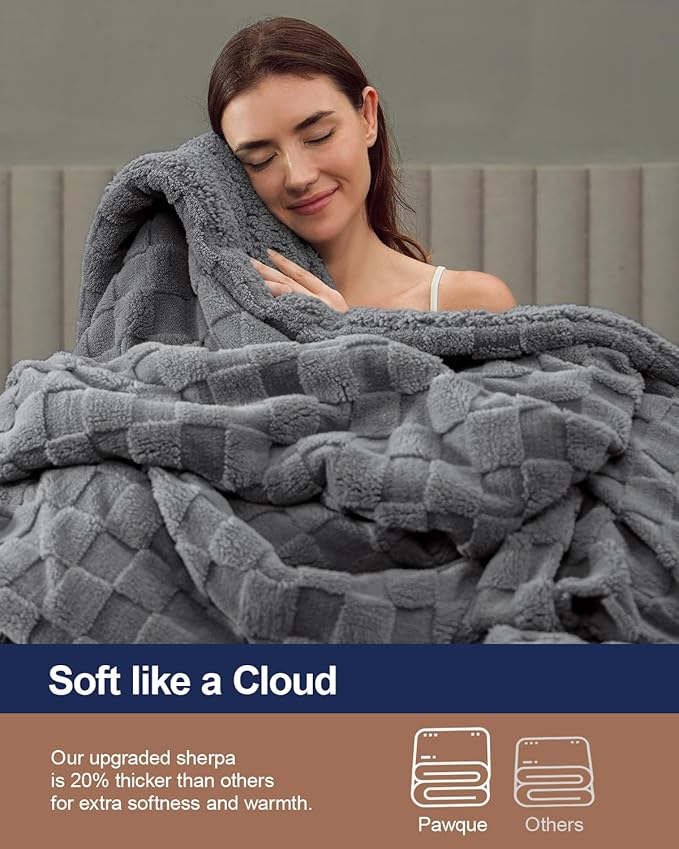 Pawque Super Soft Cozy Throw Blanket for Couch Sofa Bed - Fluffy Sherpa Fleece Reversible Thick Warm Fuzzy Blanket for All-Season, 3D Checkered Jacquard Elegant Decorative Blankets, Grey, 50" x 60"-Ruum Studio Home