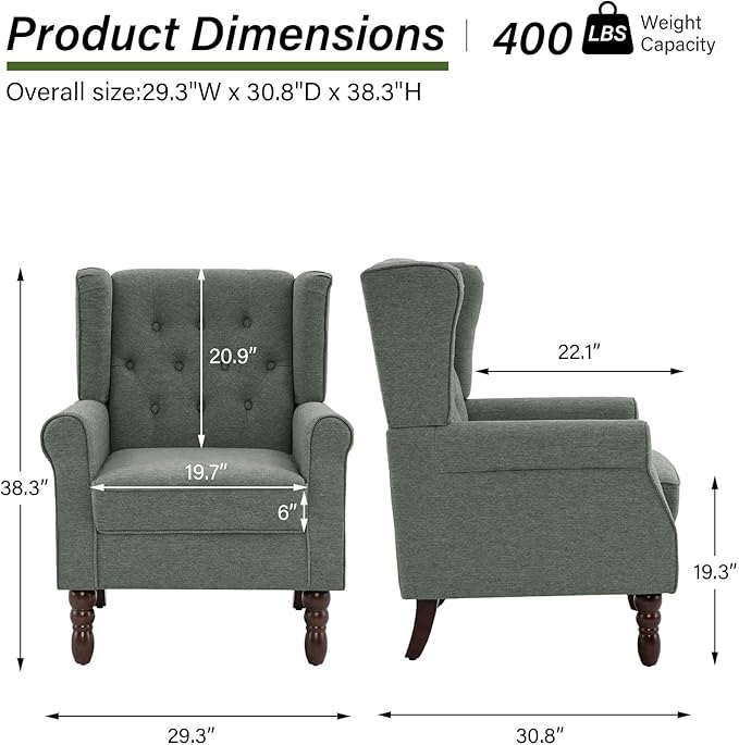 Accent Chair, Upholstered Armchair with Button Tufted High Back & Solid Wood Legs, Comfy Wingback Reading Single Sofa Chair for Small Spaces, Living Room, Bedroom (Grey, Set of 2)-Ruum Studio Home