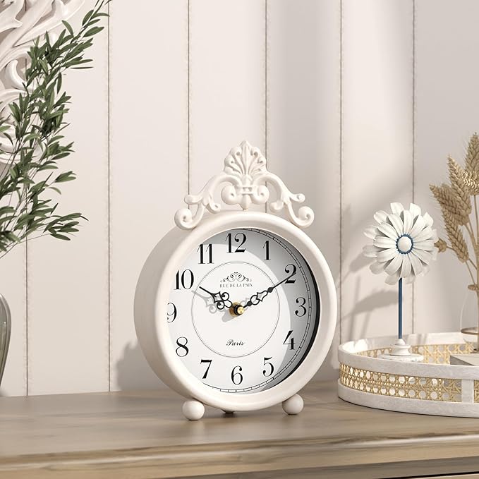 Vintage White Table Clock, Desk and Shelf Mantel Clock, French Rustic Antique Style Decor Clocks, for Farmhouse, Bedroom, Living Room, Bedside, Gift (9" H x 6.3" W)-Ruum Studio Home