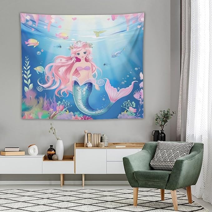 HZOHNAGO Mermaid Girls Tapestry Watercolor Mermaid Princess Pattern Printed Wall Tapestry Wall Hanging for Bedroom Living Room Dorm 60" W x 50" H-Ruum Studio Home