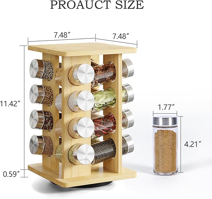 WelFurGeer Bamboo Spice Rack Organizer for Countertop, Revolving Spice Shelf with 16 Glass Jars, Lids & Labels, Desktop Rotating Seasoning Organizer for Kitchens, Space-Saving Design-Ruum Studio Home