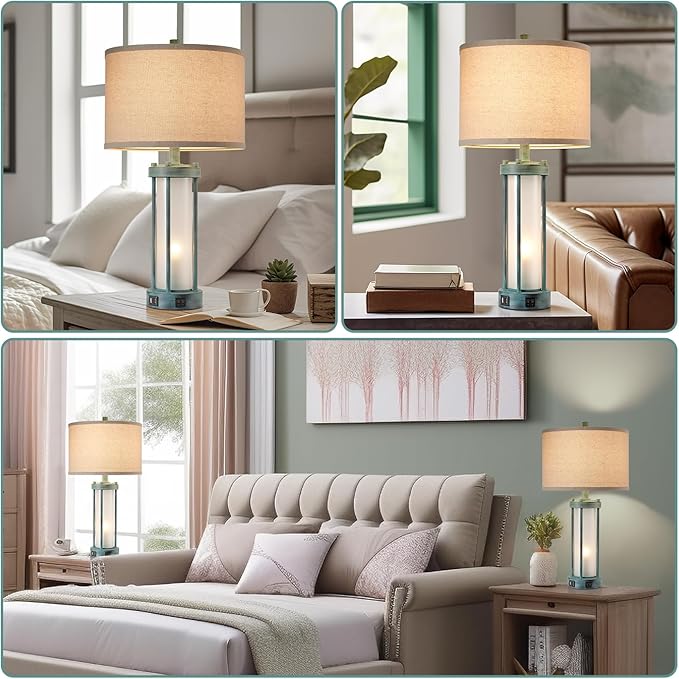 RORIA Set of 2 Rustic Table Lamps for Living Room with 2 USB Ports, Farmhouse Vintage Nightstand Lamp with White Glass Nightlight, Retro Desk Lamps for Bedroom End Table, Bulbs Included(Retro Green)-Ruum Studio Home