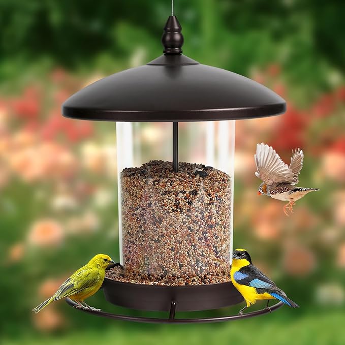 Metal Bird Feeder for Outdoors Hanging,3.0LB Seed Feeder,Easy to Fill & Clean,360° Feeding,Weatherproof Roof for Gardens and Wild Birds,Brown-Ruum Studio Home