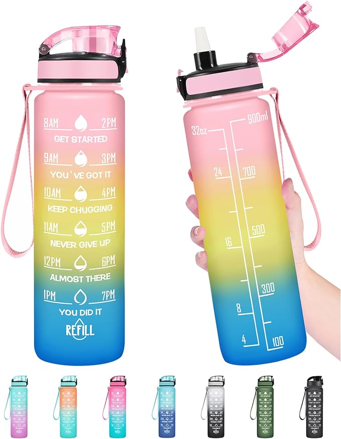 Enerbone Water Bottle, Leakproof BPA & Toxic Free, Motivational Water Bottle with Times to Drink and Straw, Fitness Sports Water Bottle with Strap for Office, Gym, Outdoor Sports-Ruum Studio Home