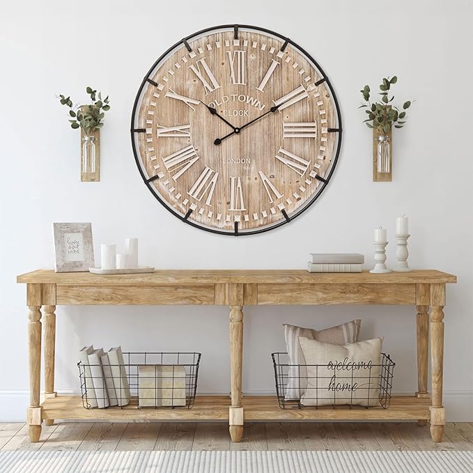 Farmhouse Wall Clock 30 Inch - Rustic Wood Metal Decor, Silent Sweep, Battery Operated for Living Room Kitchen Office, Brown-Ruum Studio Home