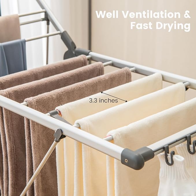 Giantex Clothes Drying Rack, 2-Layer Aluminum Foldable Laundry Drying Rack with 5-Level Adjustable Height, 21 Drying Rails, 10 Side Clips, 4 Shoe Holders, Space Saving Collapsible Laundry Drying Rack-Ruum Studio Home