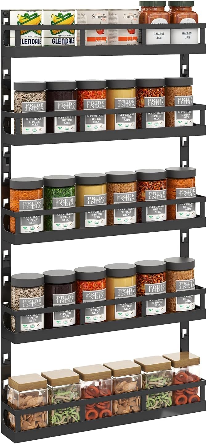 X-cosrack 5-Tier Small Wall-Mounted Spice Rack Organizer, Height-Adjustable, Space-Saving Compact Design for Kitchen Pantry Cabinet, Black-Ruum Studio Home