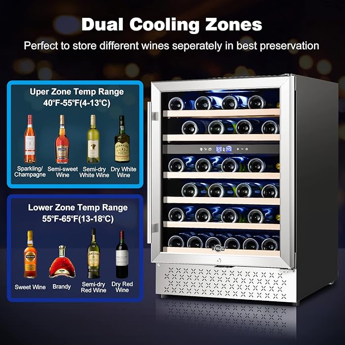 Tylza 24 Inch Dual Zone Wine Cooler Refrigerator, 46 Bottle Built-in or Freestanding, 24'' Wine Fridge with Stainless Steel & Professional Compressor and Temperature Memory Function-Ruum Studio Home