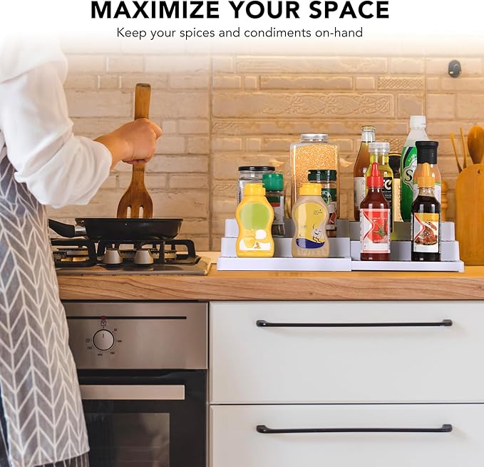 3-Tier Expandable Spice Rack, Plastic Spice Rack Organizer for Cabinet, Adjustable Length, Non-Skid Spice Shelf Organizer for Kitchen Cabinet, Countertop or Pantry, 2 Pack, White/Grey-Ruum Studio Home