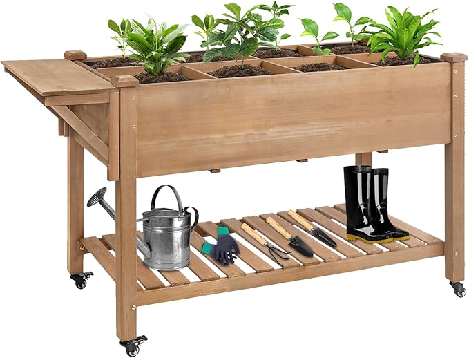 Raised Garden Bed with Lockable Wheels Mobile Elevated Wood Planter,Storage Shelf, Protective Liner,55.5x24x32in (Brown)-Ruum Studio Home