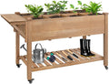 Raised Garden Bed with Lockable Wheels Mobile Elevated Wood Planter,Storage Shelf, Protective Liner,55.5x24x32in (Brown)-Ruum Studio Home