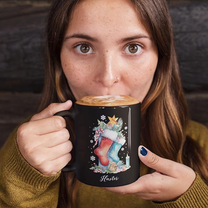 Custom Funny Christmas Cup, Christmas Sock With Gifts And Candle Design Mug, Customized Name Christmas Black Cup 11oz 15oz, Personalized Coffee Mug For Christmas, Christmas Sock Detailed Cup-Ruum Studio Home